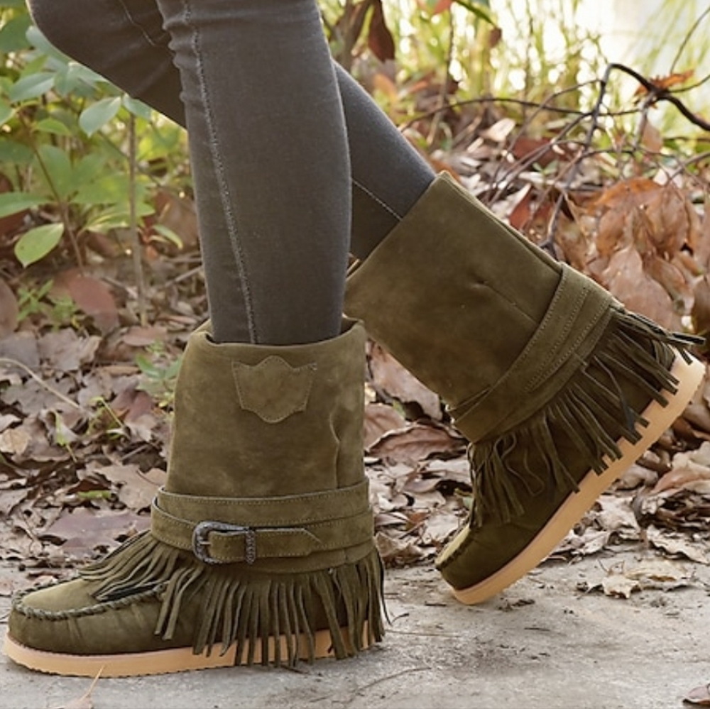 Kcschscr faux Suede Tassel Shoes Slouchy Boots Mid Calf winter boho flat eu 37